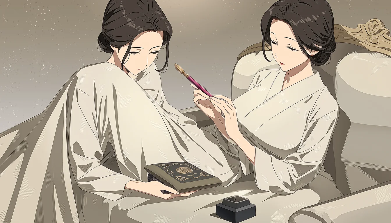 Mature salon keeper reading an art folio in an ivory room